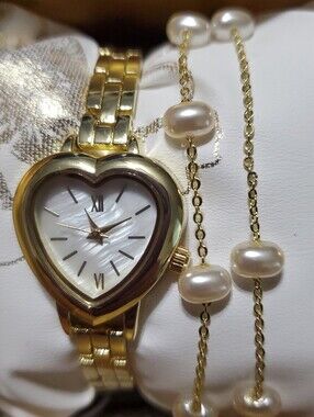 Folio 2pc Mother of Pearl Watch & Pearl Bracelet Set, 25mm Heart Case, Gold